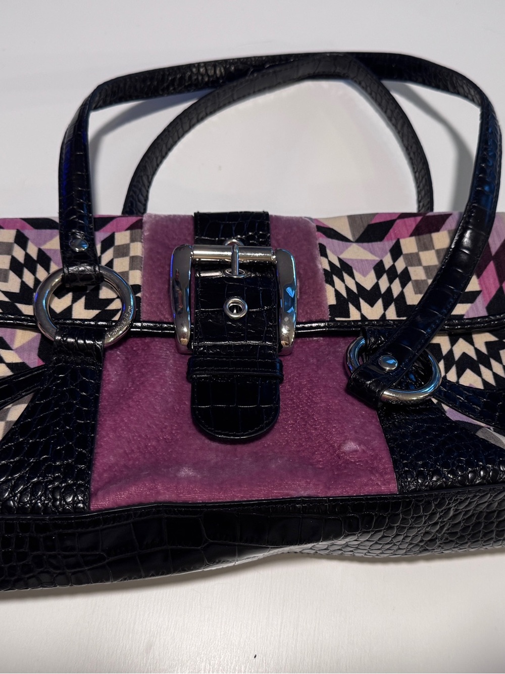 Isabella Fiore Purple Velvet & Geometric Print Satchel with Black Croc Trim